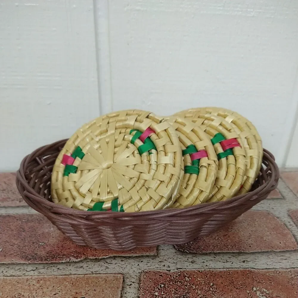 Set of 6 Woven‎ Drink Coasters - Wicker Rattan / Bohemian (+ Basket)